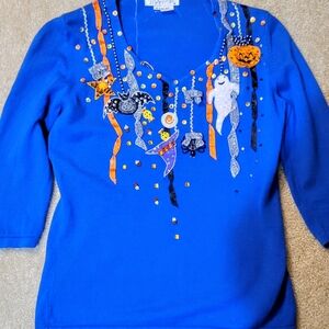 Blue Halloween Themed Top with sequine and Sparkly Embellishments